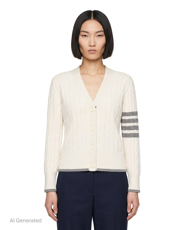 Thom Browne cream cable-knit V-neck cardigan with grey 4-bar stripes on the sleeve and contrast grey trim at the hem and cuffs - front
