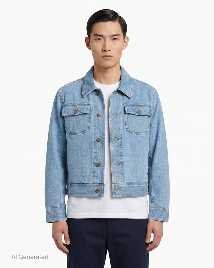 Thom Browne Backstrap Utility Jacket in light-wash denim with twin chest flap pockets and brass buttons, shown from the front - front