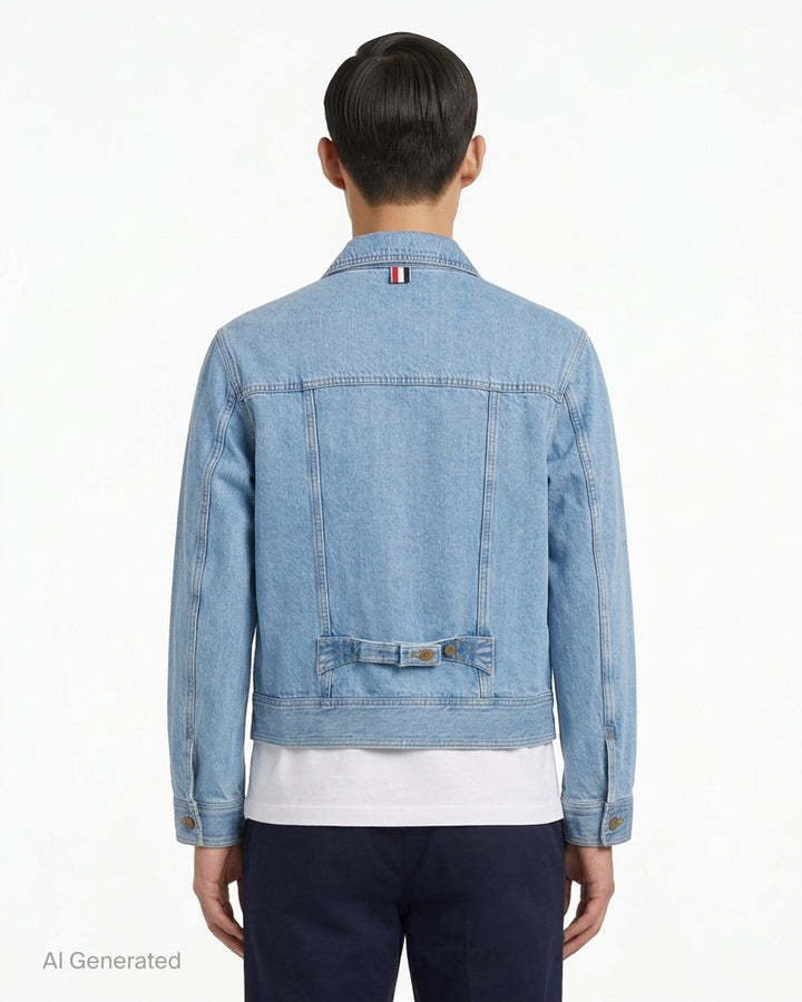 Thom Browne Backstrap Utility Jacket in light-wash denim with twin chest flap pockets and brass buttons, shown from the front - back