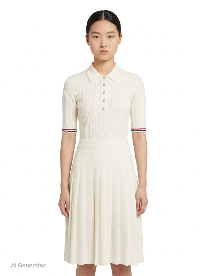 Thom Browne below knee polo dress in ivory ribbed knit with pleated skirt, silver-tone button placket, and signature red, white, and blue stripe cuff trim - front