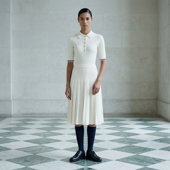 Thom Browne below knee polo dress in ivory ribbed knit with pleated skirt, silver-tone button placket, and signature red, white, and blue stripe cuff trim - lifestyle