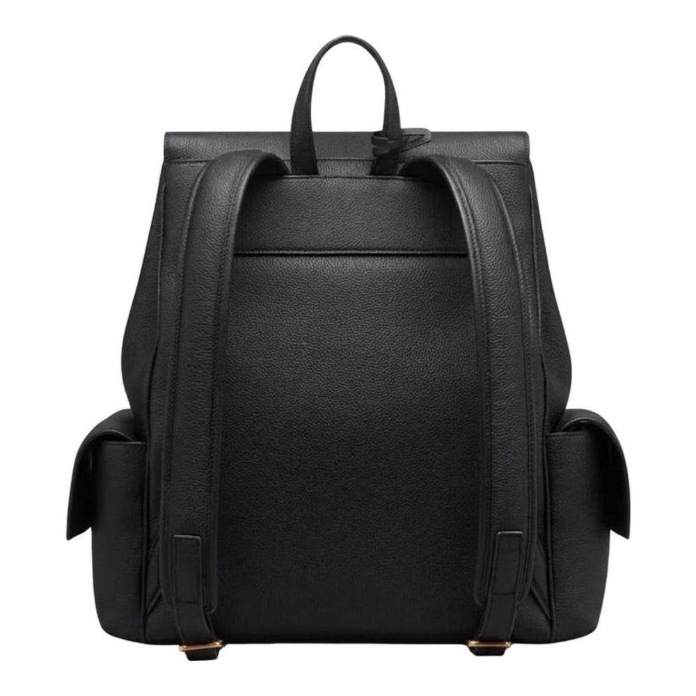 Thom Browne Bolton backpack in black soft pebble leather with brass-tone lock closure, flap side pockets, and red, white, and blue tab detail - packshot