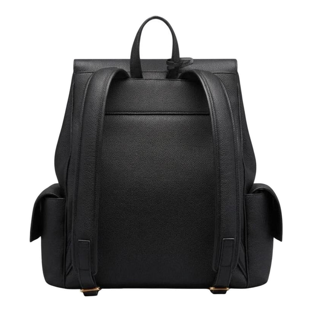 Thom Browne Bolton backpack in black soft pebble leather with brass-tone lock closure, flap side pockets, and red, white, and blue tab detail - packshot