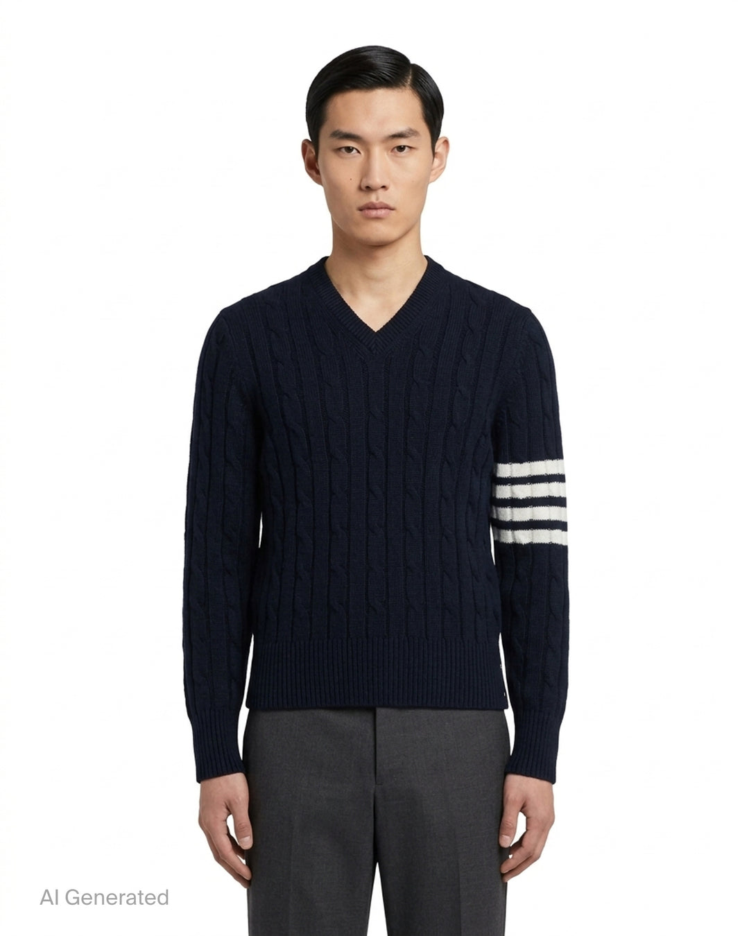 Thom Browne navy cable-knit relaxed fit V-neck sweater with white 4-bar stripe on the sleeve - front