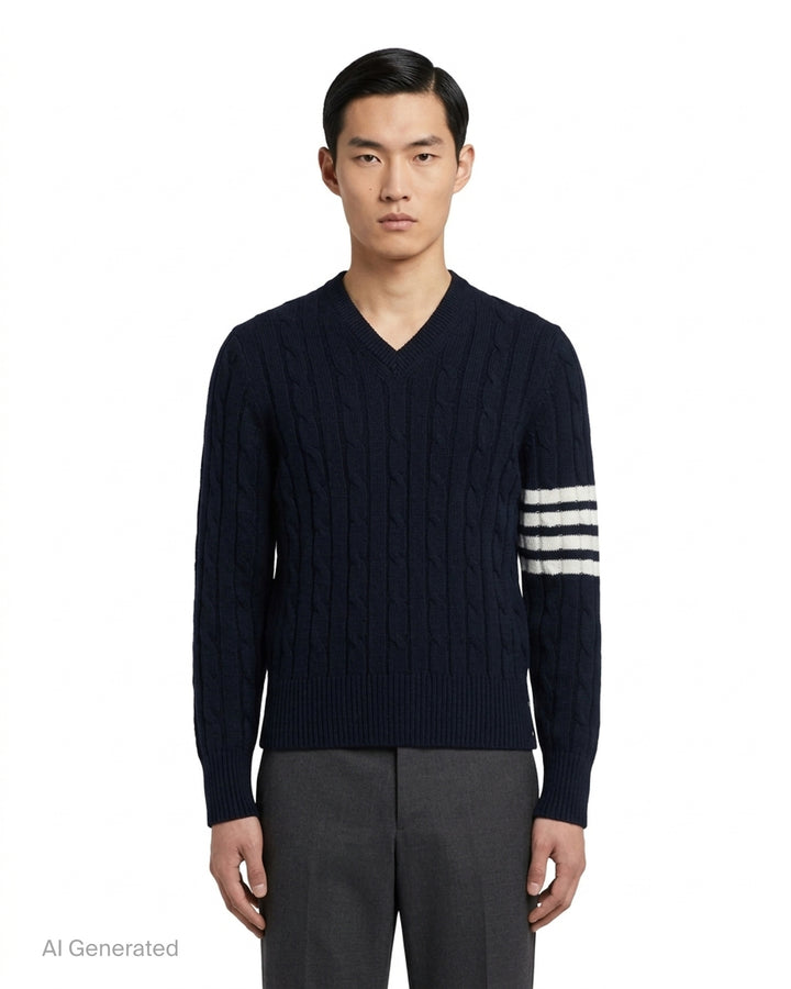 Thom Browne navy cable-knit relaxed fit V-neck sweater with white 4-bar stripe on the sleeve - front
