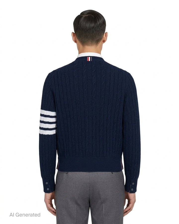 Navy cable-knit V-neck cardigan with white 4-bar stripe on the sleeve, button front and two front pockets - back