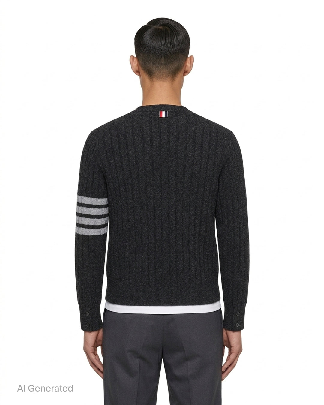 Navy cable-knit V-neck cardigan with white 4-bar stripe on the sleeve, button front and two front pockets - back