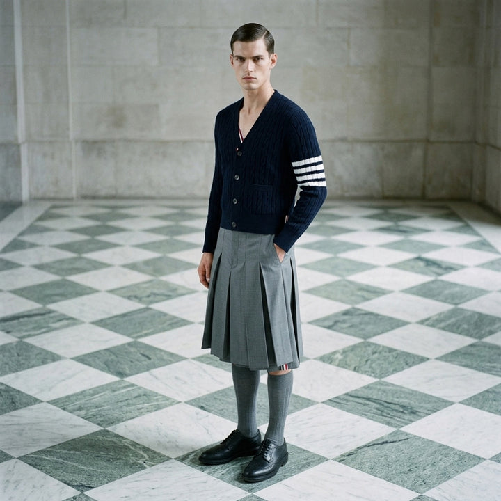 Navy cable-knit V-neck cardigan with white 4-bar stripe on the sleeve, button front and two front pockets - lifestyle