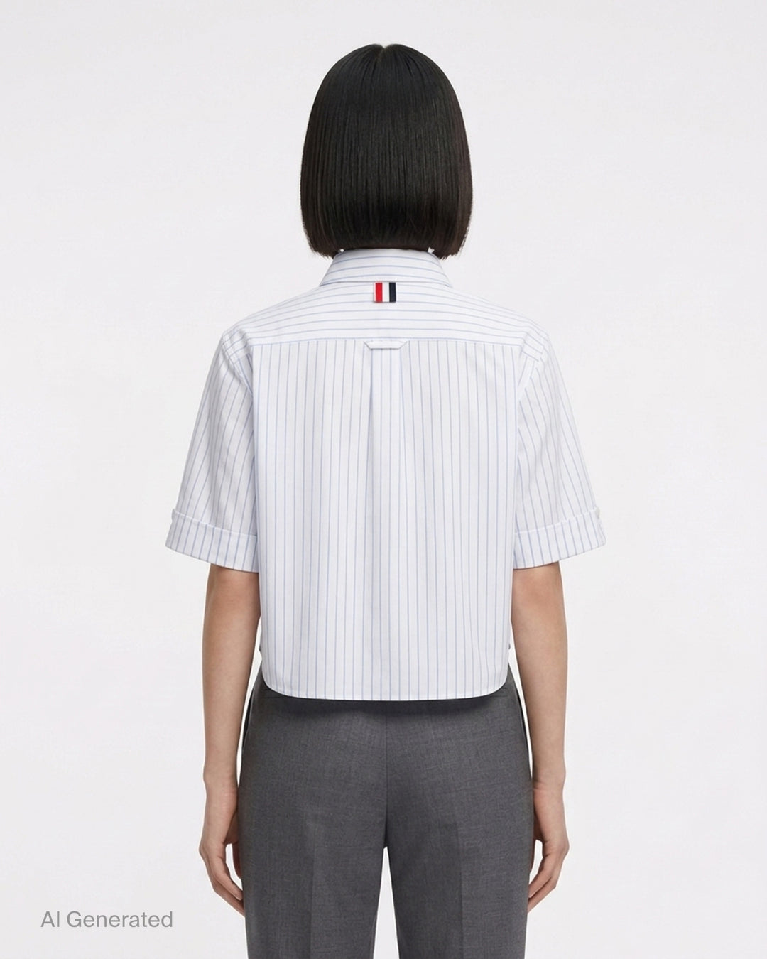 Thom Browne cropped short sleeve shirt in white with blue vertical pinstripes, button-down collar, chest pocket and woven logo label at the hem - back