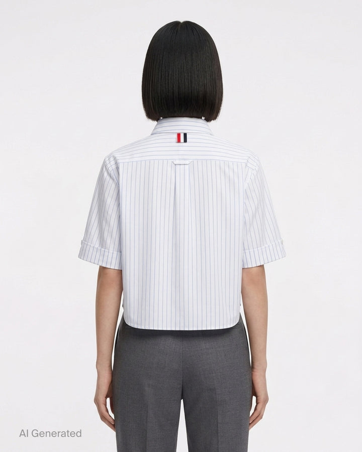 Thom Browne cropped short sleeve shirt in white with blue vertical pinstripes, button-down collar, chest pocket and woven logo label at the hem - back