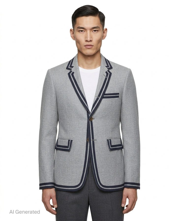 Thom Browne grey single-breasted blazer with navy and grey cricket stripe trim and striped lining - front