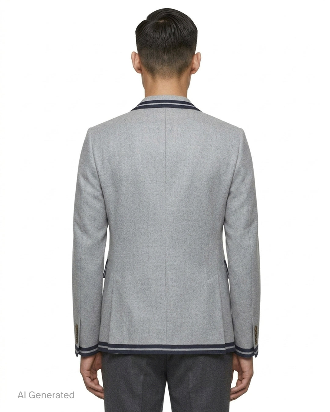 Thom Browne grey single-breasted blazer with navy and grey cricket stripe trim and striped lining - back