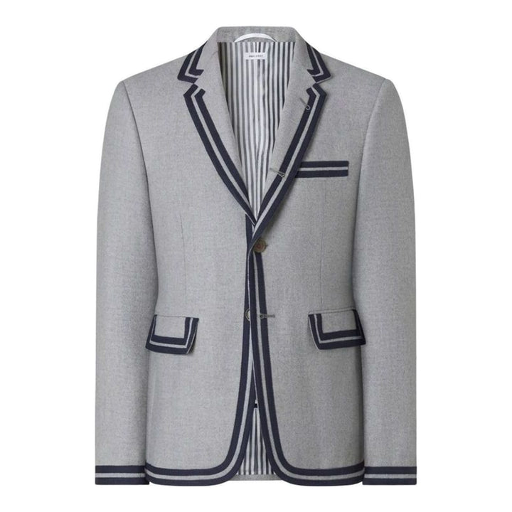 Thom Browne grey single-breasted blazer with navy and grey cricket stripe trim and striped lining - packshot