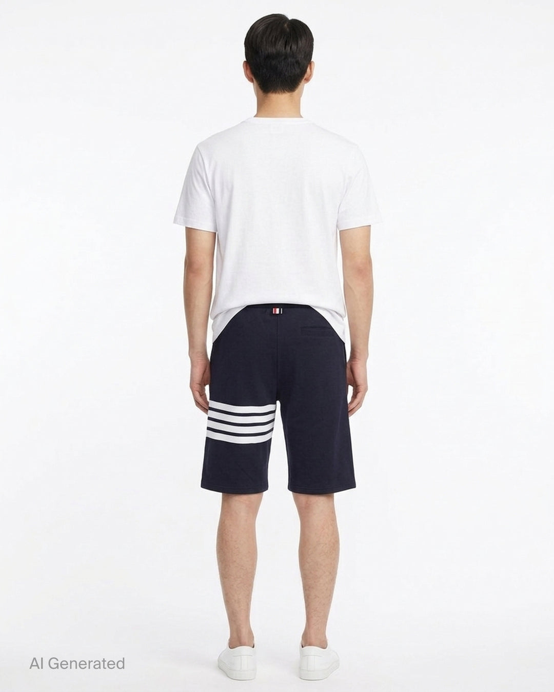 Thom Browne navy cotton sweat shorts with drawstring waist, white 4-Bar stripe on one leg and woven label patch at the hem - back