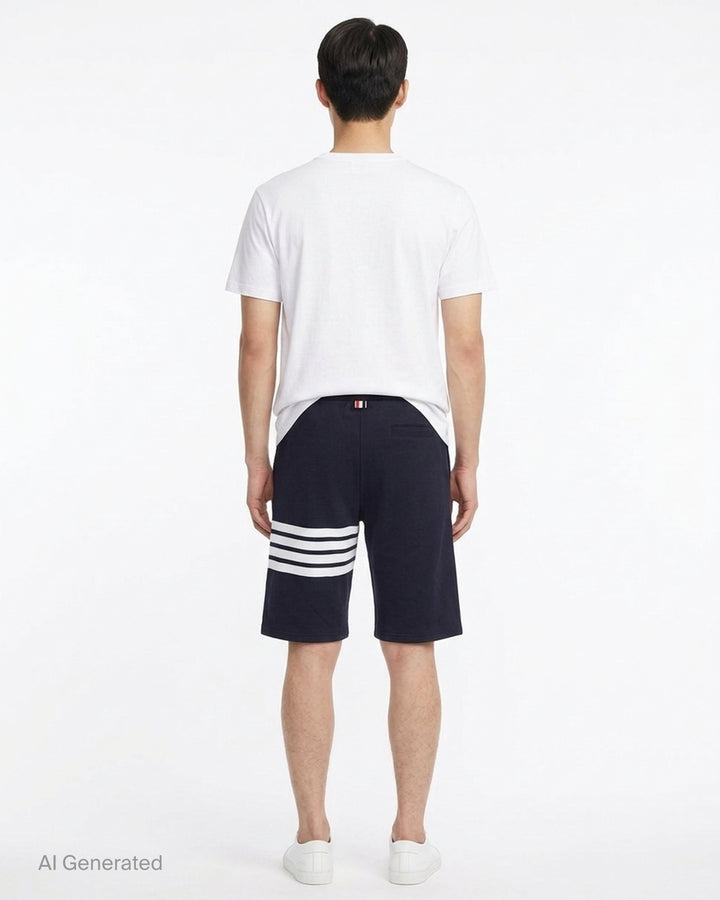 Thom Browne navy cotton sweat shorts with drawstring waist, white 4-Bar stripe on one leg and woven label patch at the hem - back