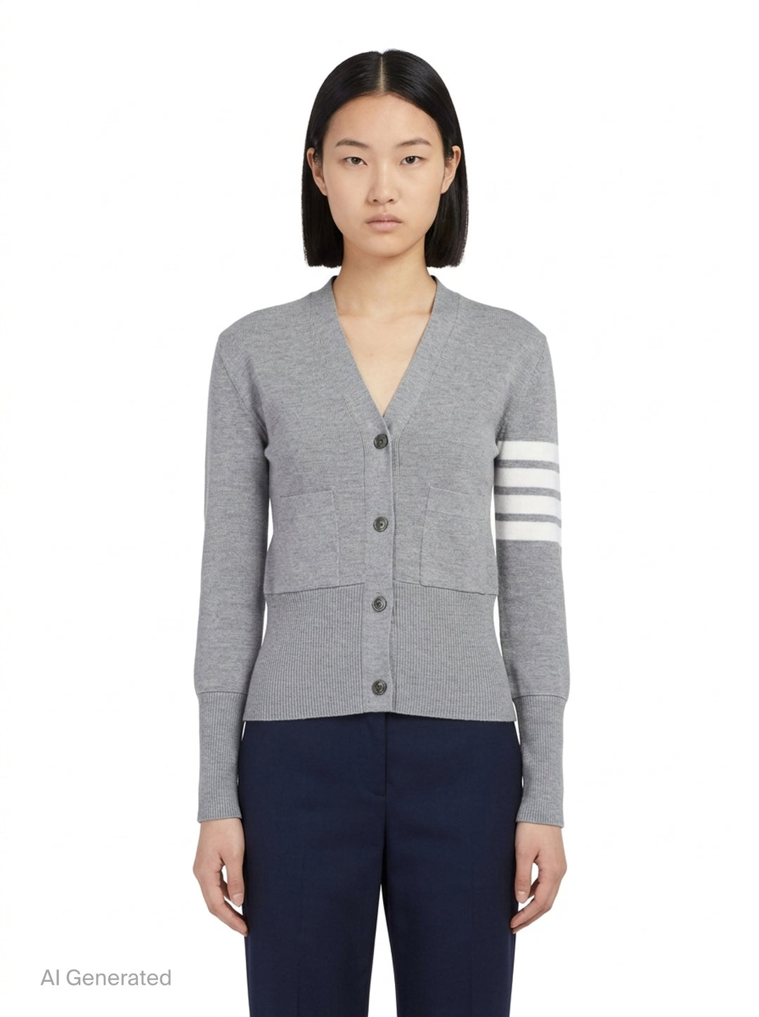 Thom Browne heather grey V-neck cardigan with four-bar white stripe detail on sleeve, button-through front, and ribbed hem and cuffs - front