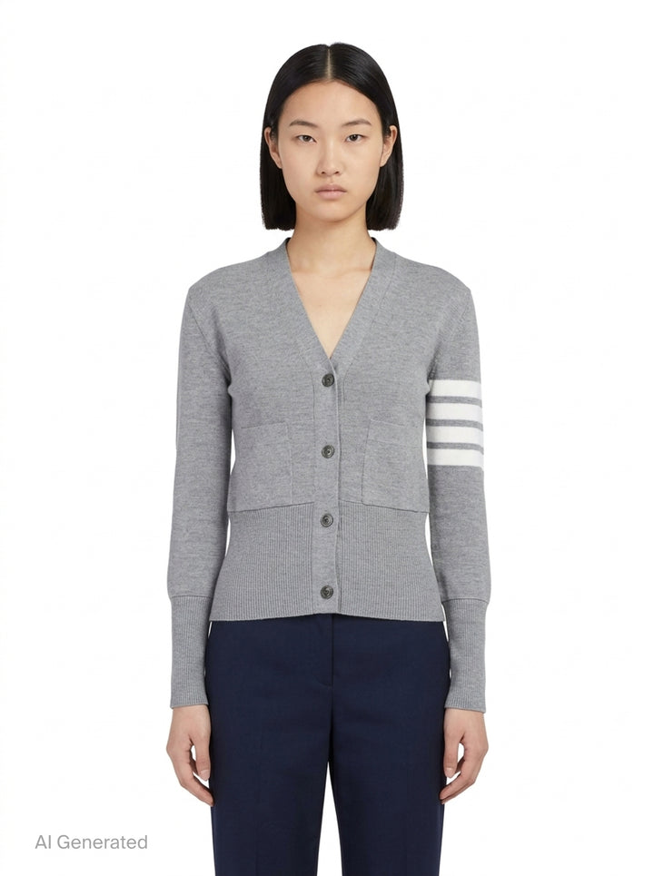 Thom Browne heather grey V-neck cardigan with four-bar white stripe detail on sleeve, button-through front, and ribbed hem and cuffs - front