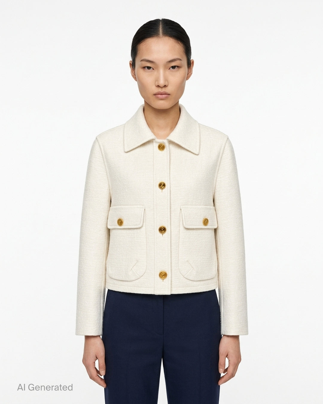 Thom Browne cream cropped blouson jacket in textured bouclé with gold-tone buttons, flap patch pockets and a red, white and blue striped lining at the collar - front
