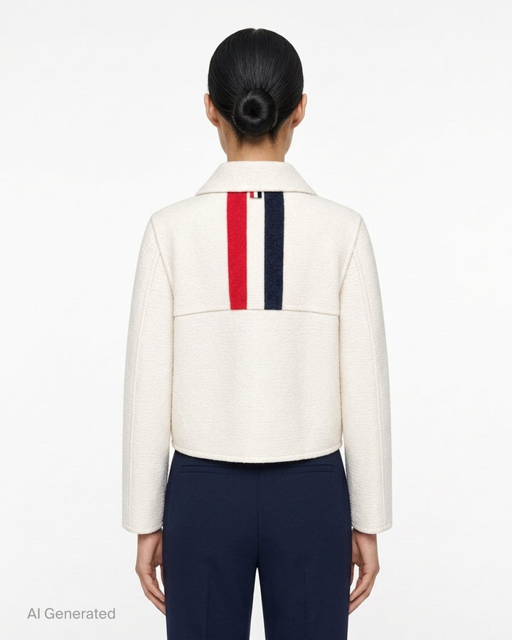 Thom Browne cream cropped blouson jacket in textured bouclé with gold-tone buttons, flap patch pockets and a red, white and blue striped lining at the collar - back