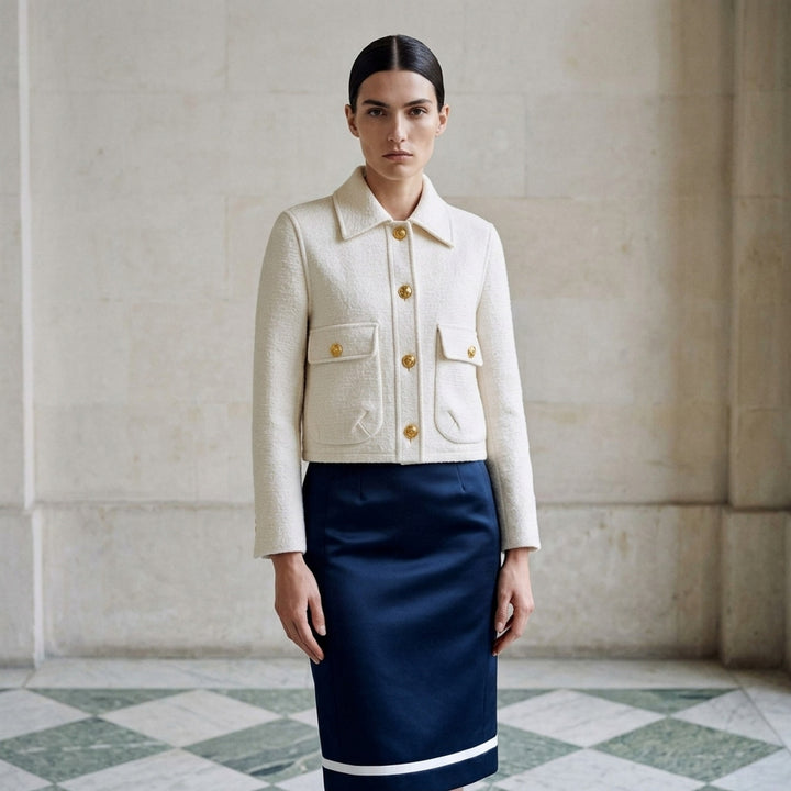 Thom Browne cream cropped blouson jacket in textured bouclé with gold-tone buttons, flap patch pockets and a red, white and blue striped lining at the collar - lifestyle