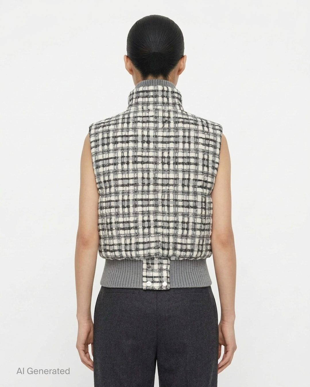 Thom Browne cropped down-filled zip front vest in grey and white tweed check with ribbed knit collar and hem - back