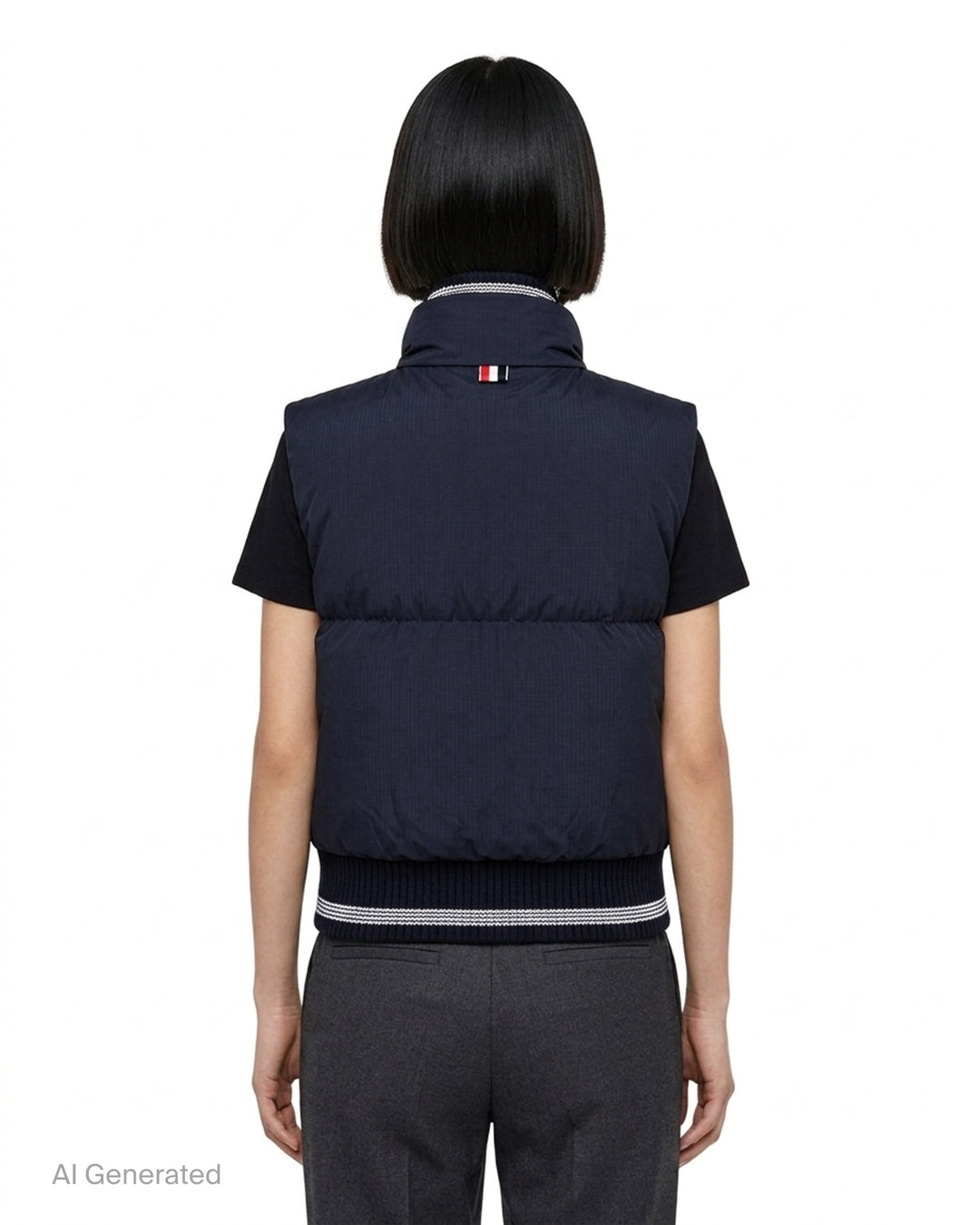 Thom Browne navy cropped down-filled zip-front vest with striped rib-knit collar and hem - back
