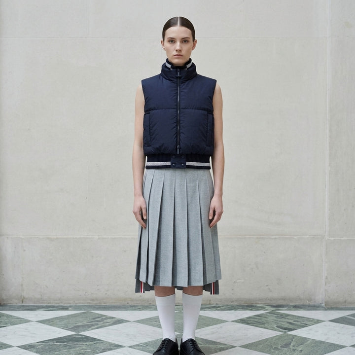 Thom Browne navy cropped down-filled zip-front vest with striped rib-knit collar and hem - lifestyle
