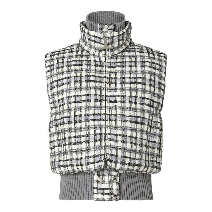 Thom Browne cropped down-filled zip front vest in grey and white tweed check with ribbed knit collar and hem - packshot