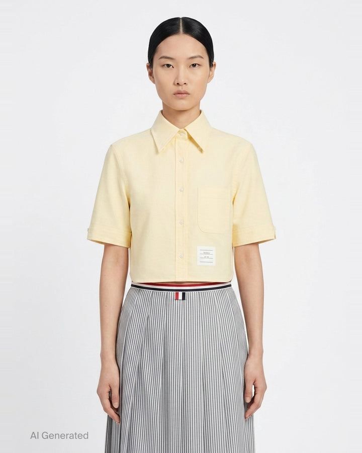 Cropped Point Collar Short Sleeve Shirt | Thom Browne | Club21 - front