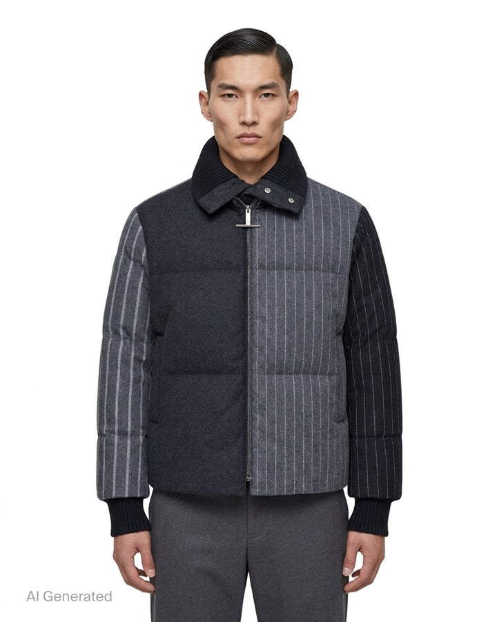 Thom Browne down-filled zip front puffer jacket in patchwork grey flannel and pinstripe with black ribbed knit collar and cuffs - front