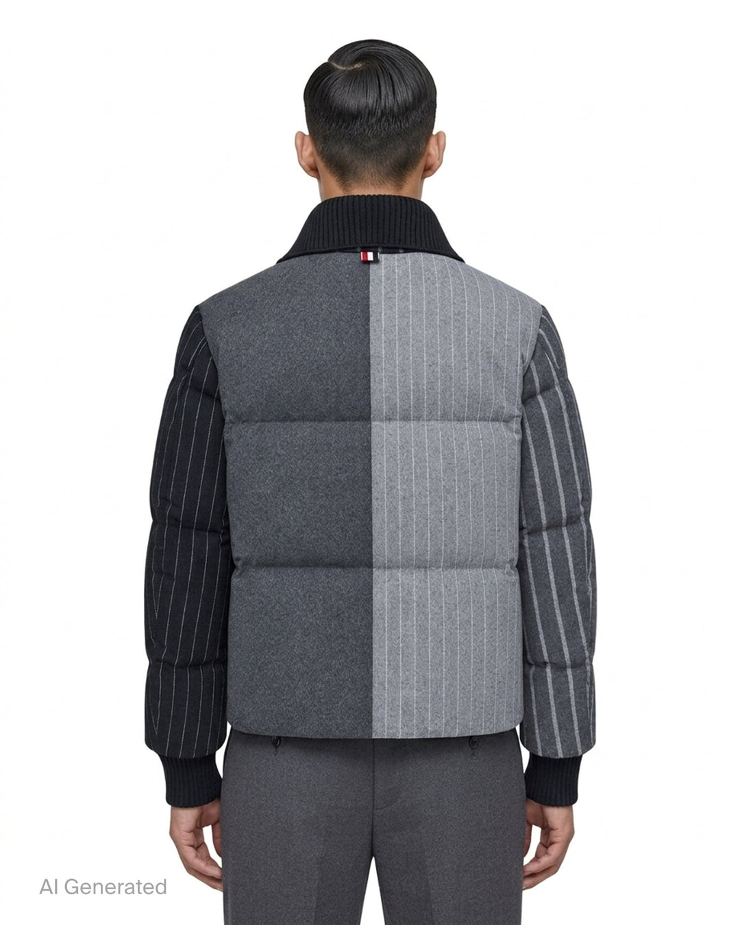 Thom Browne down-filled zip front puffer jacket in patchwork grey flannel and pinstripe with black ribbed knit collar and cuffs - back