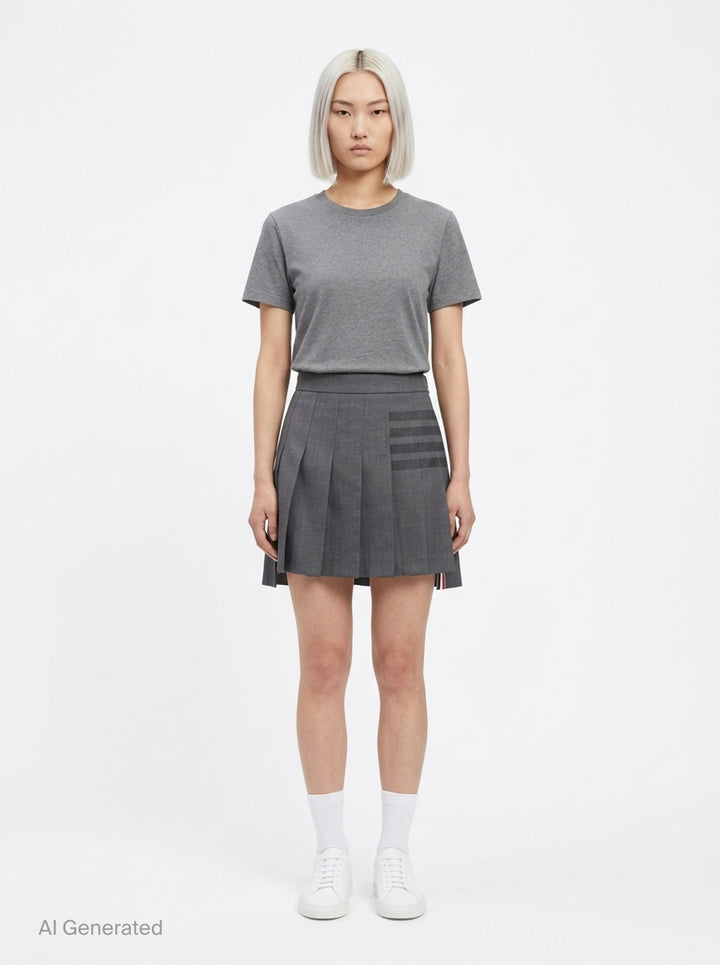 Thom Browne grey pleated mini skirt with tonal 4-bar stripe on one panel and red, white, and blue grosgrain tab at hem - front