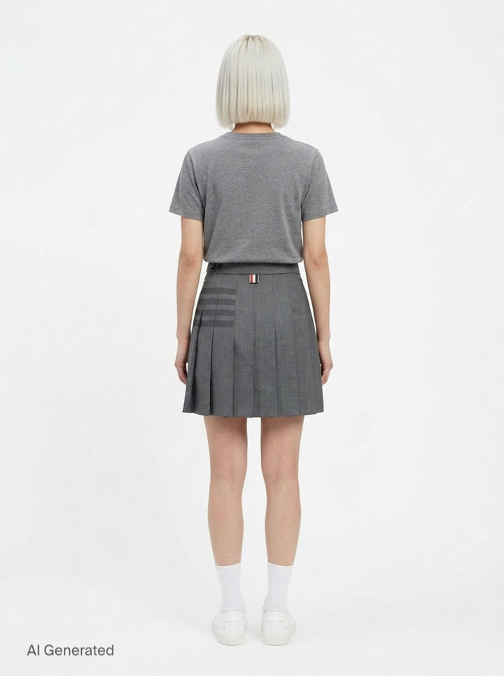 Thom Browne grey pleated mini skirt with tonal 4-bar stripe on one panel and red, white, and blue grosgrain tab at hem - back
