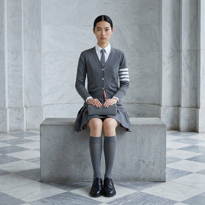 Thom Browne grey pleated mini skirt with tonal 4-bar stripe on one panel and red, white, and blue grosgrain tab at hem - lifestyle