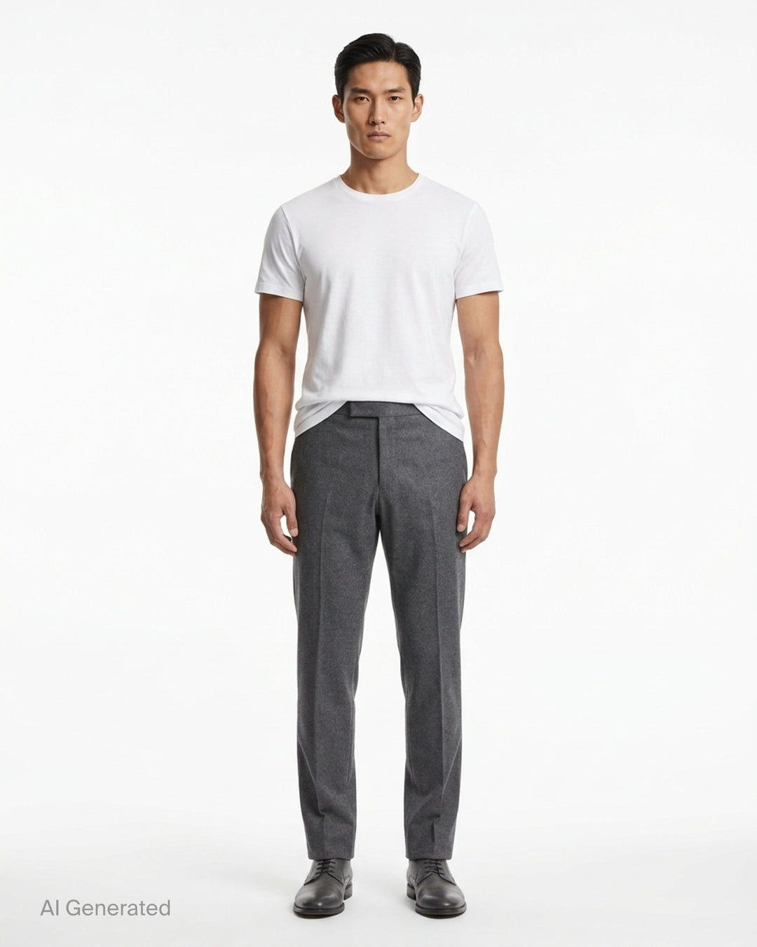 Thom Browne Fit 1 backstrap trousers in charcoal grey with flat front and slim straight leg, shown front view - front