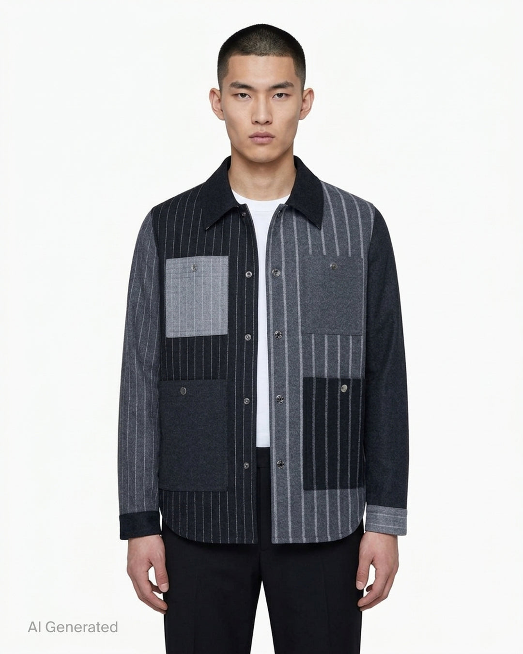 Thom Browne Funmix utility jacket in mixed grey and charcoal pinstripe with contrast patch pockets and snap button front - front