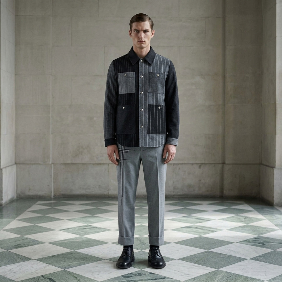Thom Browne Funmix utility jacket in mixed grey and charcoal pinstripe with contrast patch pockets and snap button front - lifestyle