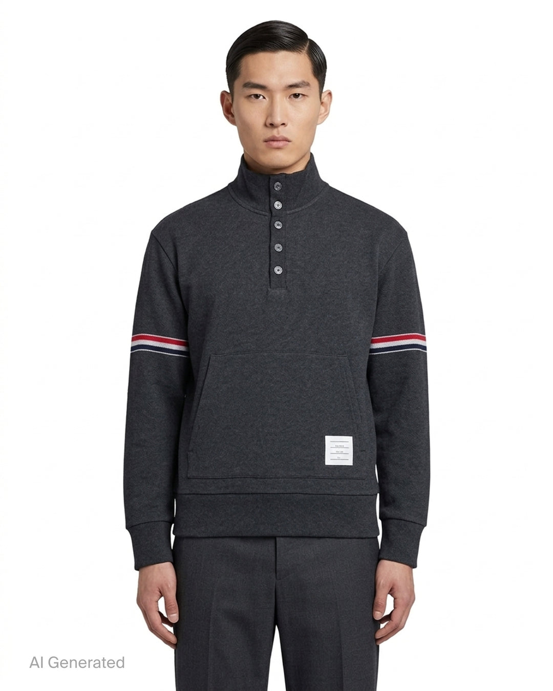 Thom Browne charcoal grey piqué funnel neck pullover with five-button placket, kangaroo pocket and red, white and blue striped sleeves - front