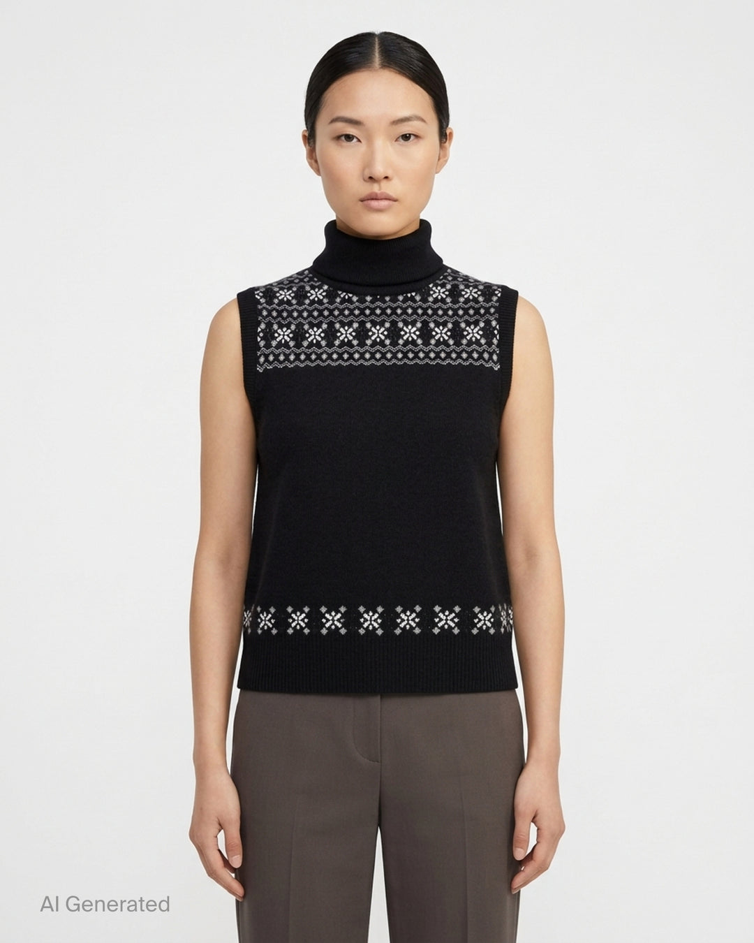 Black sleeveless turtleneck knit vest with white and grey Icelandic Fair Isle snowflake pattern across the yoke and hem - front