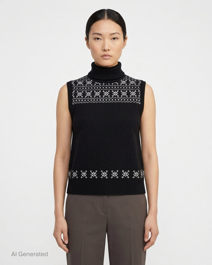 Black sleeveless turtleneck knit vest with white and grey Icelandic Fair Isle snowflake pattern across the yoke and hem - front