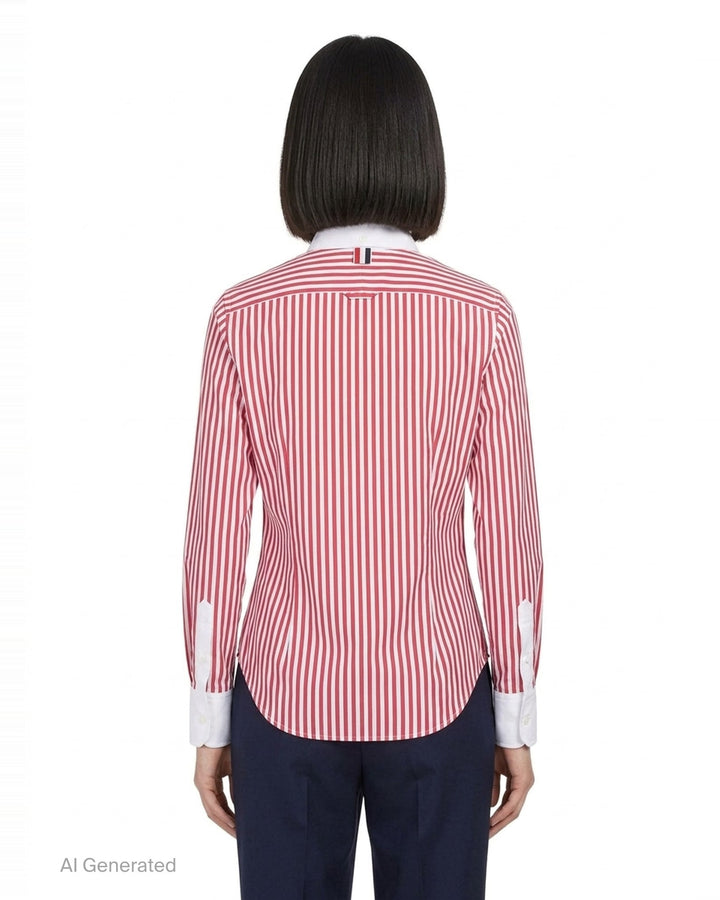 Thom Browne red and white candy-striped button-down shirt with 3D red lacework lobster appliqués on the chest, white contrast point collar and cuffs, and signature woven label at the hem - back