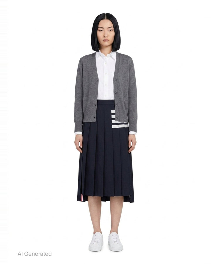 Navy Wool Pleated 4-Bar Skirt | Thom Browne | Club21 - front