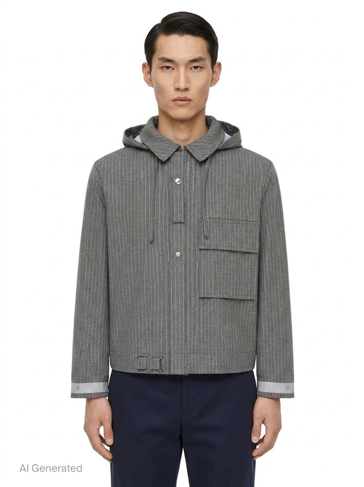 Pinstripe Hooded Mariner Jacket | Thom Browne | Club21 - front