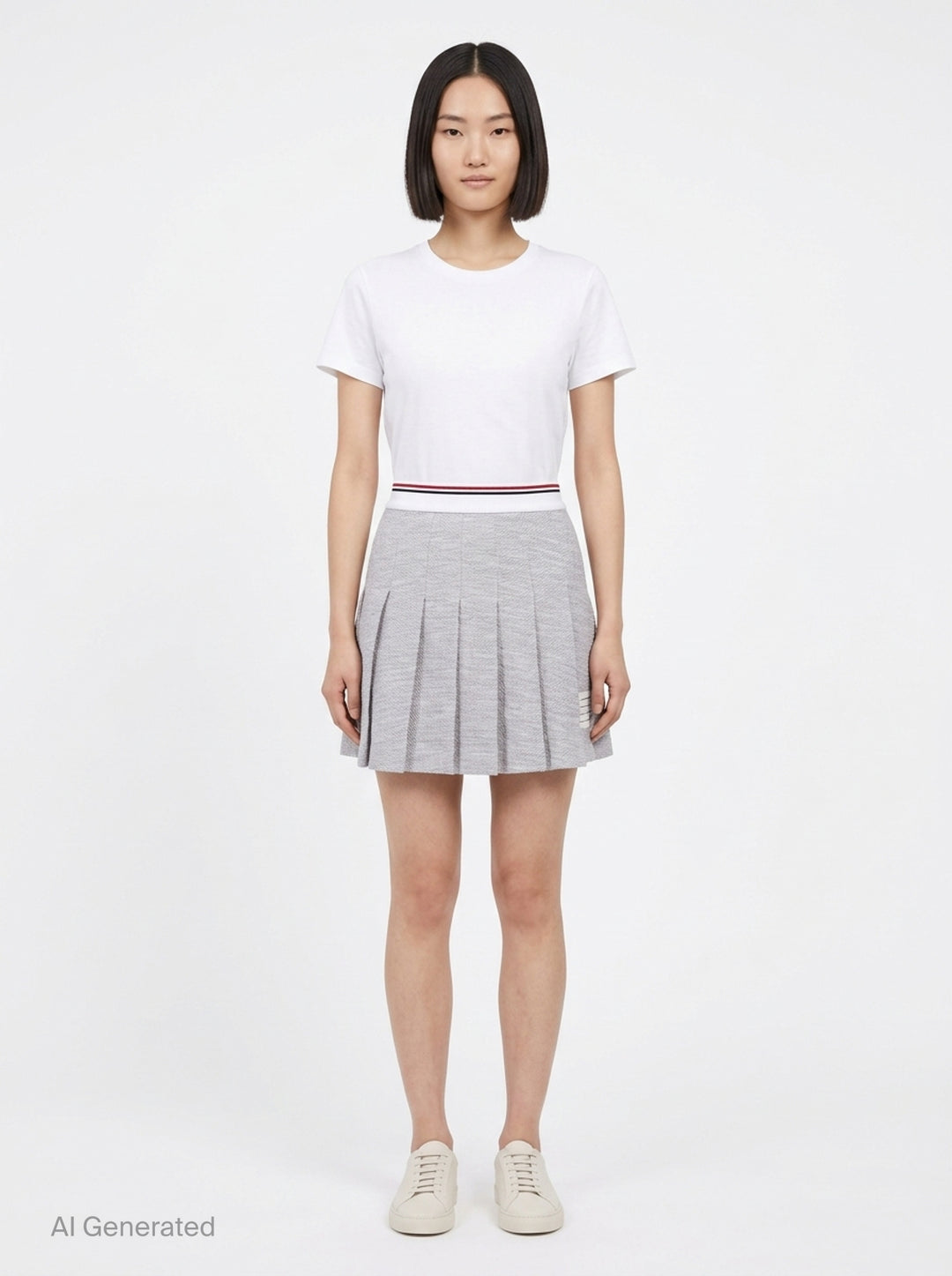 Thom Browne grey piqué pleated mini skirt with red, white, and blue ribbed elasticated waistband and woven brand label at the hem - front