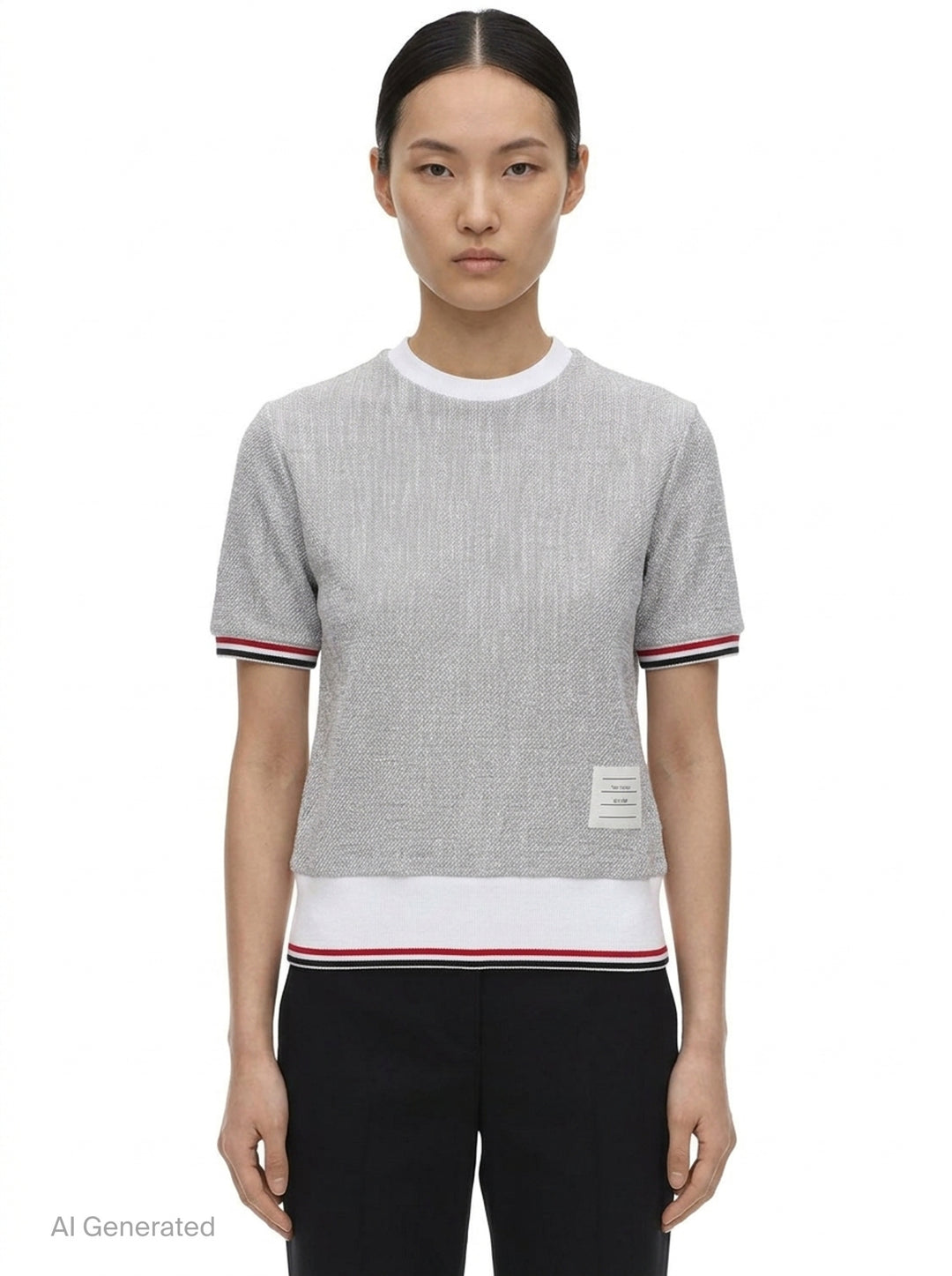 Thom Browne heather grey textural knit short sleeve tee with red, white, and blue striped tipping on sleeve cuffs and hem, white ribbed crew neck and hem band, and woven brand label on chest - front