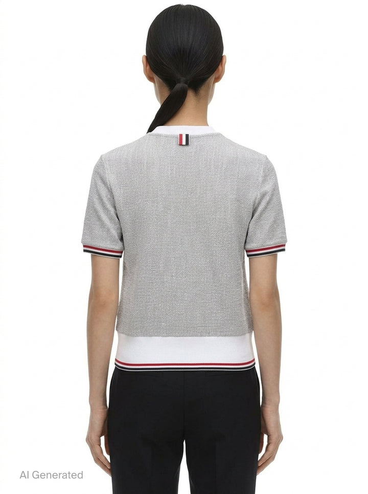 Thom Browne heather grey textural knit short sleeve tee with red, white, and blue striped tipping on sleeve cuffs and hem, white ribbed crew neck and hem band, and woven brand label on chest - back
