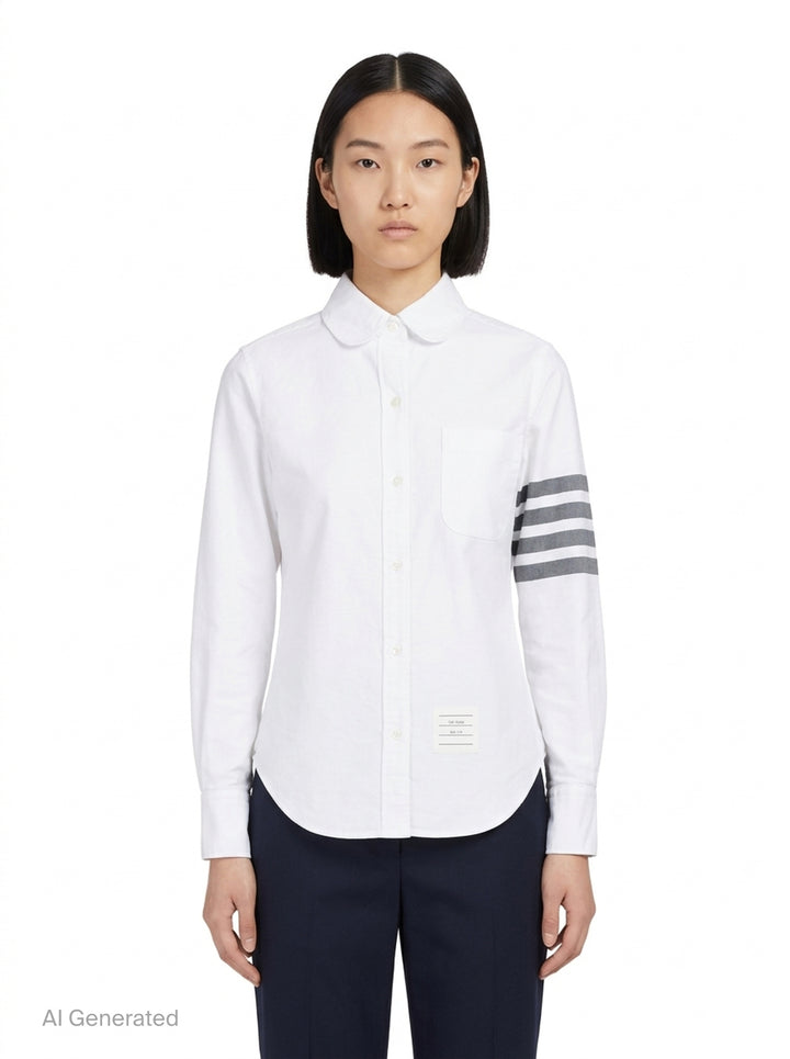 Thom Browne white oxford long sleeve shirt with rounded collar, button-front placket, single chest pocket, and signature four-bar grey stripe across one sleeve - front