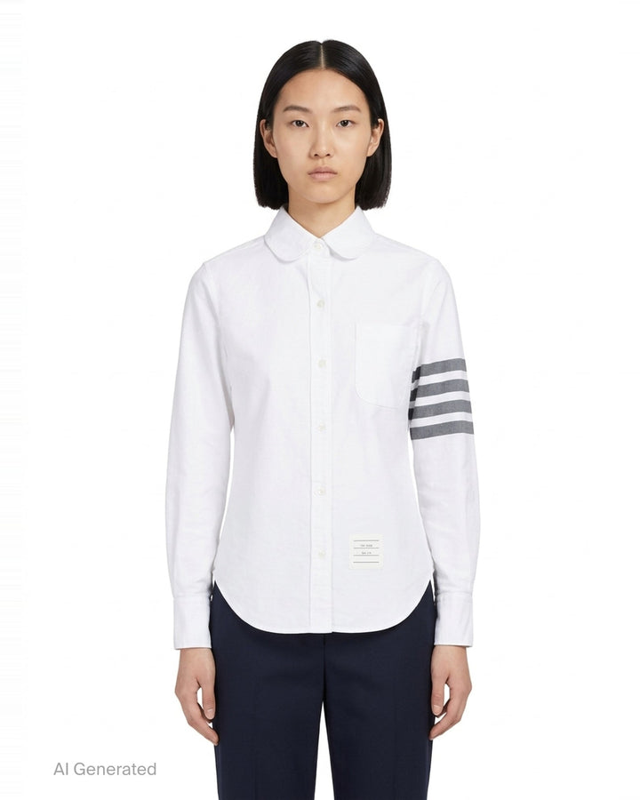 Thom Browne white oxford long sleeve shirt with rounded collar, button-front placket, single chest pocket, and signature four-bar grey stripe across one sleeve - front