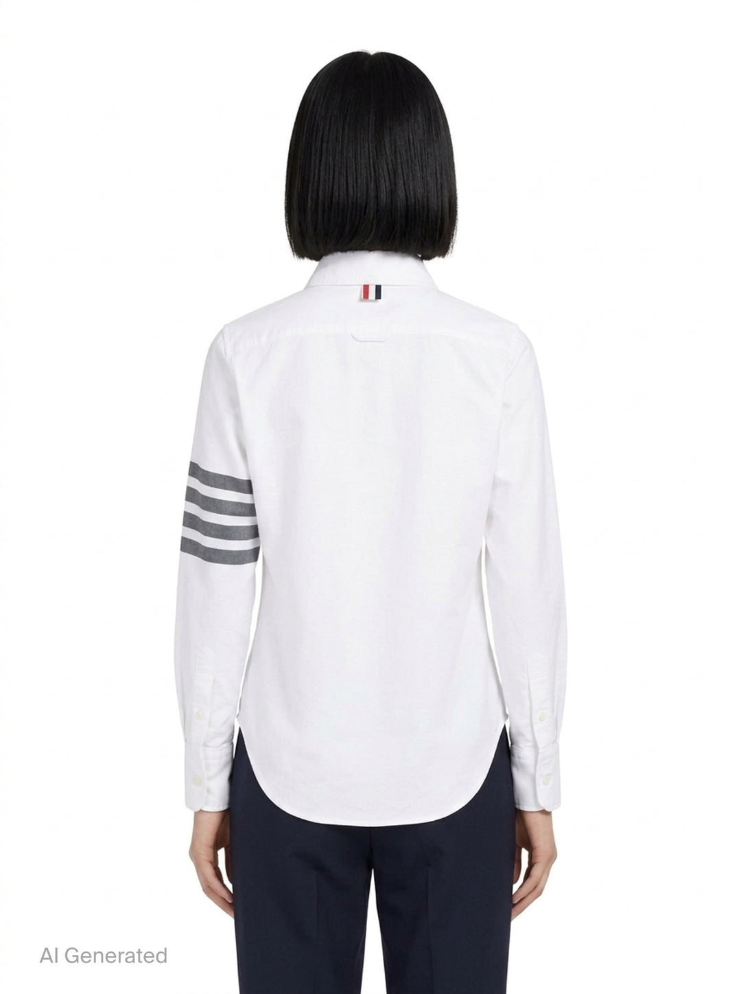 Thom Browne white oxford long sleeve shirt with rounded collar, button-front placket, single chest pocket, and signature four-bar grey stripe across one sleeve - back