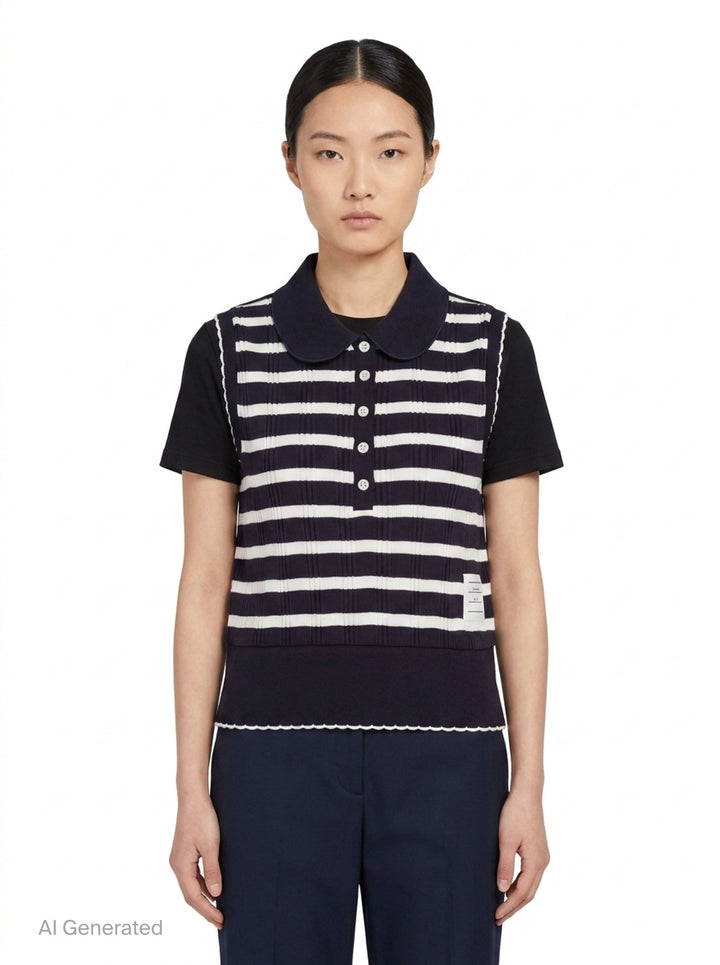 Round Collar Striped Polo Vest | Thom Browne | Club21 - front